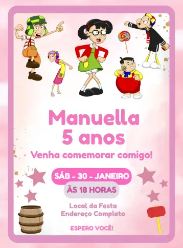 Convite Turma Do Chaves Menina para aniversário infantil – tema aniversário infantil (rosa, branco, divertido, temático, infantil, colorido)