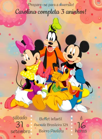 Convite Turma De Mickey Chica para cumpleaños infantil – tema cumpleaños infantil (colorido, divertido, infantil, Disney, vibrante, temático)