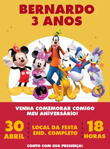 Convite Grupo De Mickey Rojo para cumpleaños infantil – tema cumpleaños infantil (colorido, divertido, temático, infantil, vibrante)