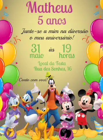 Convite Turma Do Mickey Menino editável e personalizável
