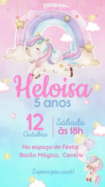 Convite Unicórnio para aniversário infantil com tema de unicórnio. – tema aniversário infantil (multicolorido, aquarela, fantasia, feminino, lúdico)