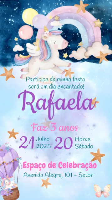 Invitación Unicornio Acuarela editable y personalizable