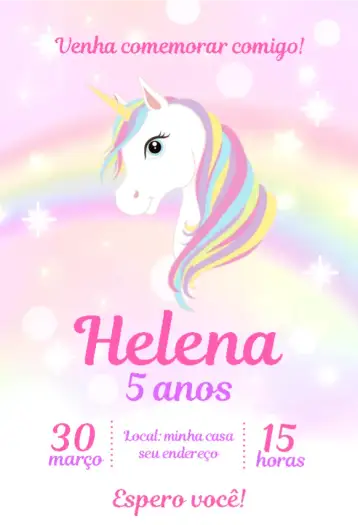 Convite Unicórnio arco-iris para aniversário infantil – tema aniversário infantil (aquarela, rosa, lilás, mágico, colorido, fantasia)