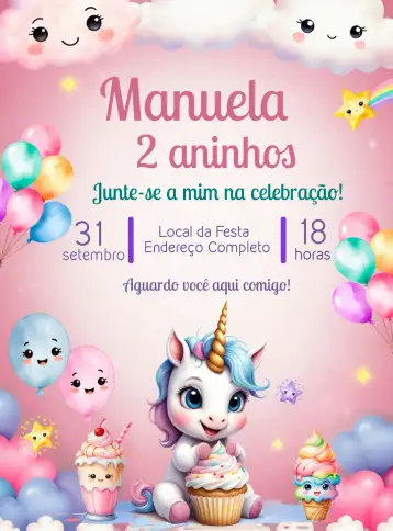 Convite Unicornio Milkshake para cumpleaños infantil con temática de unicornio. – tema más buscados (colorido, fantasía, lúdico, alegre, infantil)