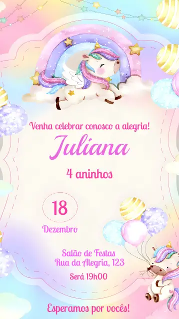 Convite Unicórnio Uncórnio para aniversário infantil – tema aniversário infantil (colorido, fantasia, lúdico, mágico, divertido)