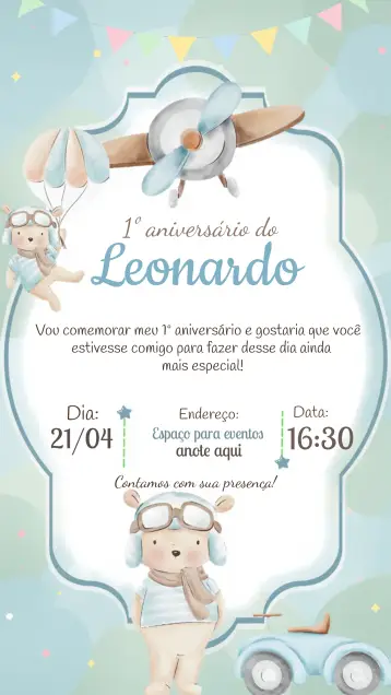 Convite Ursinho Aviador Aquarela editável e personalizável