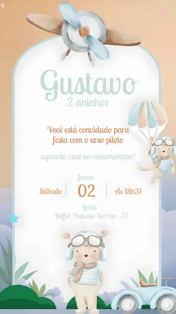 Invitación Oso Aviador Bebé editable y personalizable