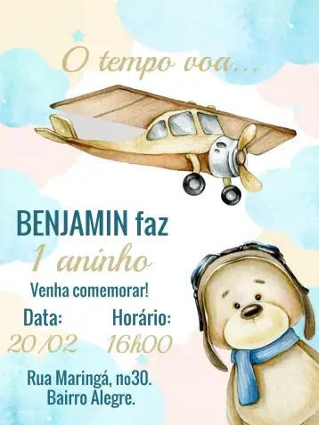 Convite Oso Aviador Aviador para baby shower para niños. – tema baby shower (azul, dorado, blanco, aviador, infantil, lúdico)