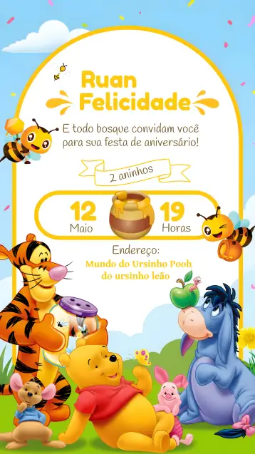 Convite Oso Pooh para cumpleaños infantil – tema más buscados (colorido, delicado, infantil, temático, lúdico)