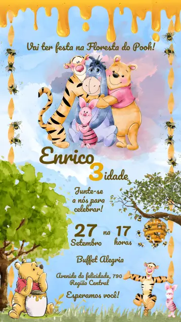 Convite Ursinho Pooh Aquarela Abelha editável e personalizável