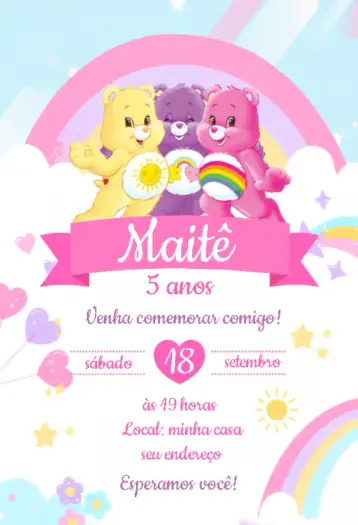 Convite Ursinhos Carinhosos 3 para aniversário infantil com tema ursinhos carinhosos. – tema cartão (tons pastel, candy color, ilustrações fofas, estilo lúdico, visual encantador)