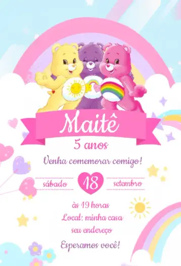 Convite Ursinhos Carinhosos 3 para aniversário infantil com tema ursinhos carinhosos. – tema cartão (tons pastel, candy color, ilustrações fofas, estilo lúdico, visual encantador)