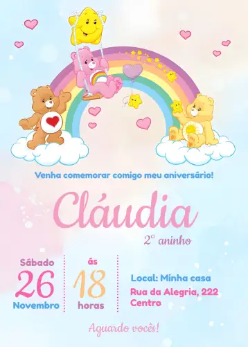 Convite Osos Cariñosos Arcoíris para cumpleaños infantil. – tema cumpleaños infantil (colorido, lúdico, infantil, arcoíris, fofo, divertido)