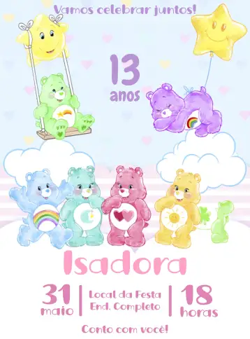 Convite Ositos Cariñosos con Purpurina para cumpleaños infantil – tema cumpleaños infantil (colorido, brillante, infantil, divertido, lúdico, encantador)