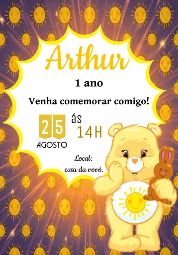 Convite Ursinhos Carinhosos Solzinho Amarelo para aniversário infantil – tema aniversário infantil (divertido, colorido, infantil, lúdico, alegre, temática de ursinhos)