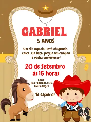 Convite Vaquero Boyero Marrón para cumpleaños infantil con tema vaquero. – tema más buscados (rústico, campestre, marrón, sertanejo, granja)