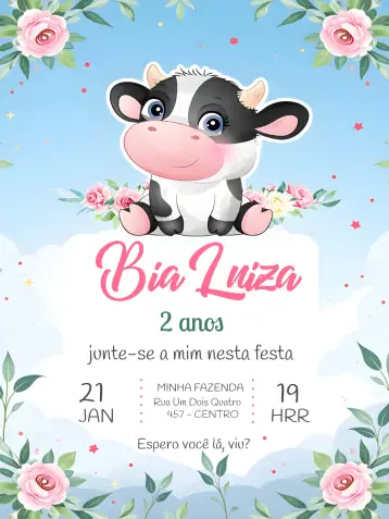 Convite Vaquinha Floral Infantil para aniversário infantil. – tema mais pesquisados (floral, delicado, colorido, rústico, infantil, temático)