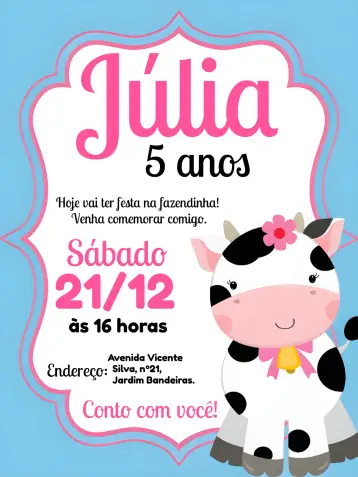 Convite Vaquinha Preto para children's birthday with a farm theme. – tema most searched for (fazendinha, divertido, colorido, moderno, animais, infantil)