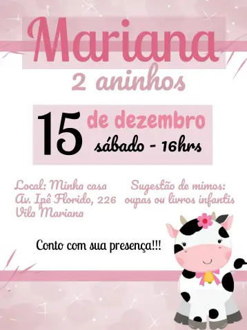 Convite Vaquinha Rosa Marrom para aniversário infantil de 1 ano. – tema datas comemorativas (fazendinha, rústico, cores pastéis, vintage, animais, infantil)
