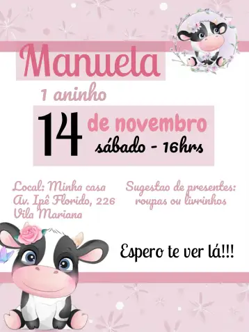 Convite Vaquinha Rosa Marrom para aniversário infantil com tema de fazendinha. – tema datas comemorativas (fazendinha, vintage, colorido, infantil, lúdico, animais)