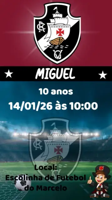Convite Vasco para aniversário temático de futebol para torcedores. – tema aniversário (futebol, moderno, vibrante, dinâmico, esportivo, colorido)