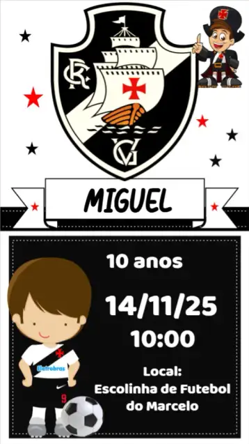 Convite Vasco para birthday of soccer and vasco fans – tema birthday (football, modern, vibrant, sporty, colorful)