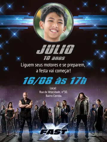 Convite Velozes E Furiosos Com Foto Preto para aniversário infantil com tema de corrida e aventura. – tema aniversário infantil (preto, azul, cinza, moderno, temático, dinâmico)