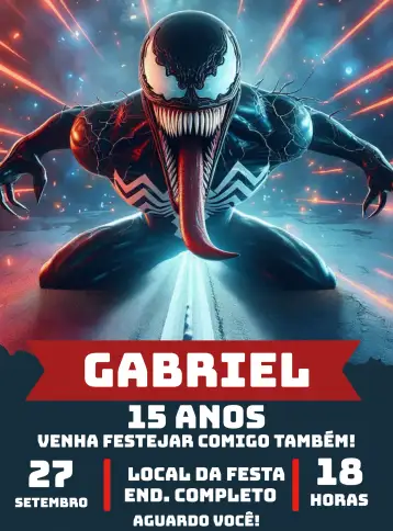 Convite Venom Menino para aniversário infantil com tema venom. – tema aniversário (azul, super-heróis, moderno, divertido, comic, temático)
