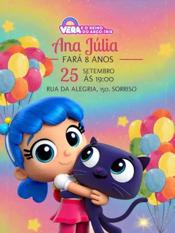 Convite Vera Y El Reino De Los Globos Arcoíris para cumpleaños infantil con temática de arcoíris. – tema más buscados (colorido, infantil, lúdico, festivo, divertido)