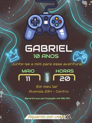 Convite Black Kids Gamer Videogame para kids birthday party with videogame theme. – tema most searched for (gamer, modern, black and blue, funny, themed, technologic)