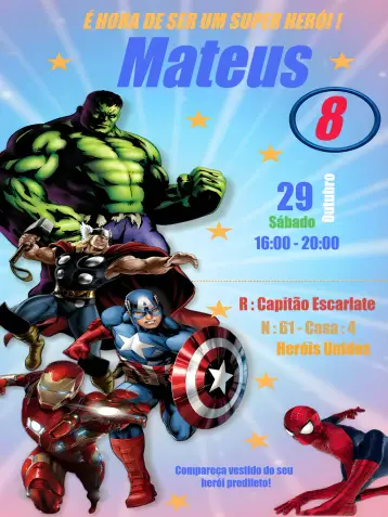 Convite Vingadores America editável e personalizável