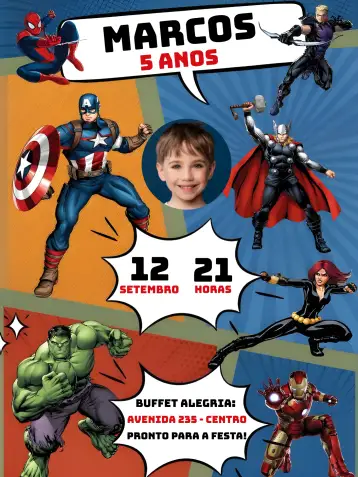 Convite Vingadores Com Foto Menino para aniversário infantil com tema vingadores. – tema mais pesquisados (colorido, moderno, temático, divertido, super-heróis, infantil)