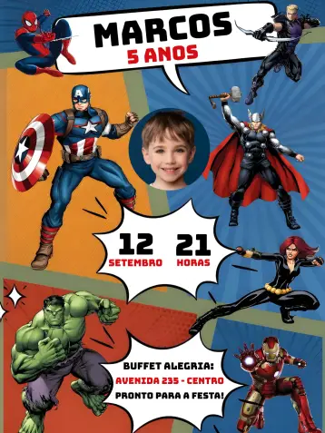 Convite Vingadores Com Foto Menino editável e personalizável