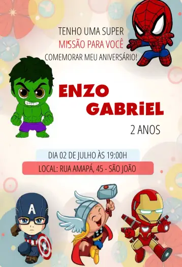 Convite Vengadores Cute Baby Infantil para cumpleaños infantil. – tema más buscados (colorido, divertido, moderno, infantil, superhéroes)