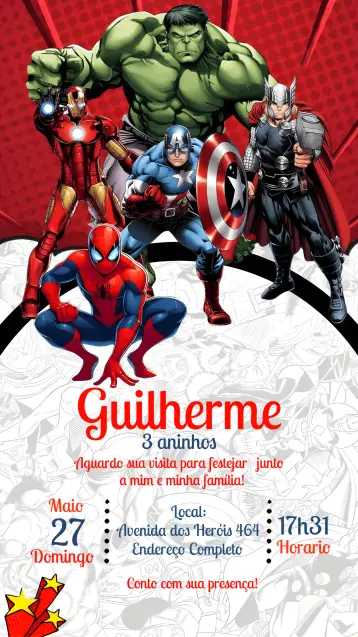 Convite Vingadores Infantil editável e personalizável