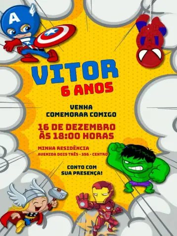 Convite Vingadores Toy Heróis para aniversário infantil com tema dos vingadores. – tema mais pesquisados (colorido, divertido, jovial, moderno, temático, inspirado em quadrinhos)