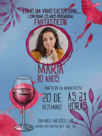 Convite Wine With Photo Label para adult birthday with wine theme. – tema birthday (elegant, vintage, modern, boho, minimalist)