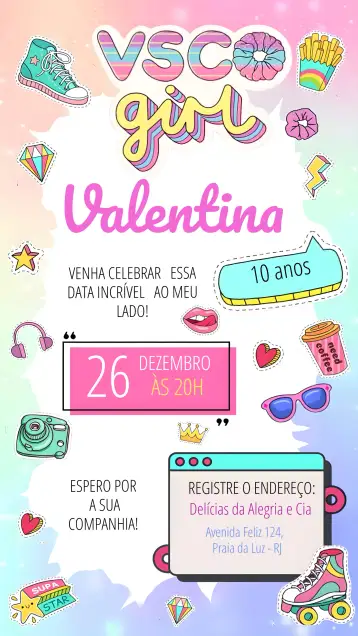 Convite Vsco Girl Vibes para cumpleaños adolescente con temática vsco girl. – tema más buscados (rosa, moderno, descontraído, joven, colorido, boho)