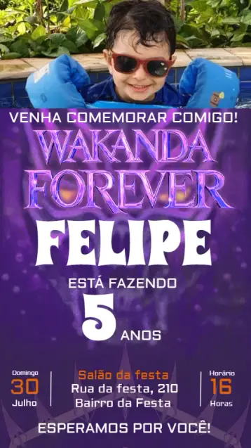 Convite Wakanda Forever Com Foto Banner editável e personalizável