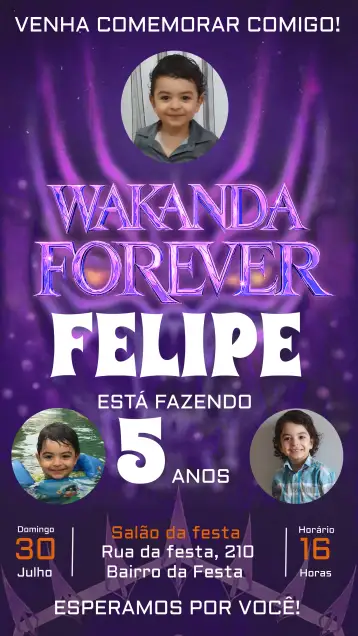 Convite Wakanda Forever Com Foto Branco para aniversário infantil com tema de wakanda. – tema aniversário infantil (moderno, colorido, temático, divertido, jovial)