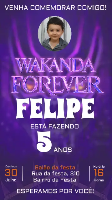 Convite Wakanda Forever Com Foto Roxo editável e personalizável