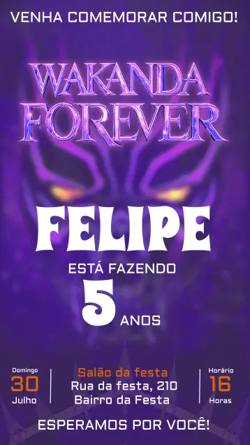 Convite Wakanda Forever Foto editável e personalizável