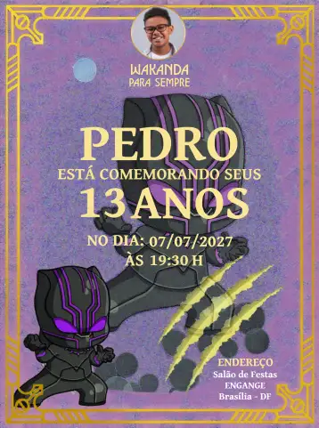Convite Wakanda Para Sempre Com Foto Branco para aniversário com tema wakanda. – tema mais pesquisados (moderno, temático, elegante, branco, grafismo, cultural)