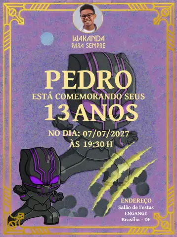 Convite Wakanda Para Sempre Com Foto Branco editável e personalizável