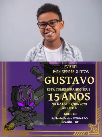 Convite Wakanda Para Sempre Com Foto Preto para aniversário com temática da pantera negra. – tema mais pesquisados (moderno, temático, elegante, sóbrio, dourado, preto)