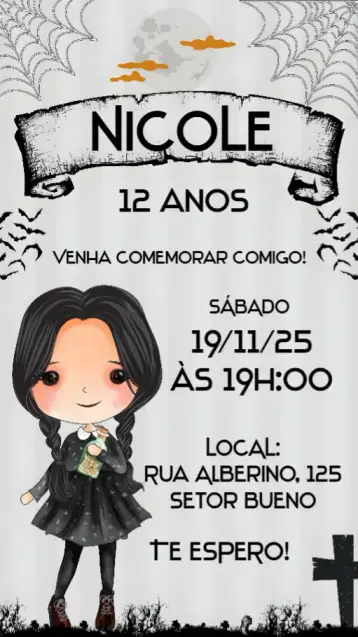 Convite Wednesday para children's birthday or themed party. – tema birthday (magic, colorful, fantasy, fun-filled, playful, themed)