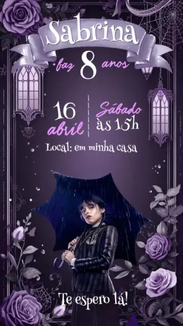 Convite Wandinha para aniversário infantil com tema da wandinha. – tema aniversário infantil (dark, luxo, moderno, fantasia, divertido, temático)