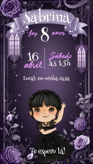 Convite Wandinha para aniversário infantil com temática da wandinha. – tema aniversário infantil (gótico, roxo, rosa, temática, moderno, ilustrações divertidas)