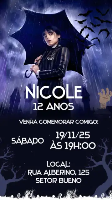 Convite Wednesday para children’s birthday with a magic and mystery theme. – tema birthday (magic, mysterious, vibrant, fantasy, charming illustrations)