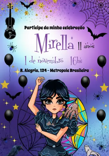 Convite Wandinha Adams Addams para themed birthday or halloween party. – tema most searched for (dark, fun, vintage, modern, themed, lilac and purple)